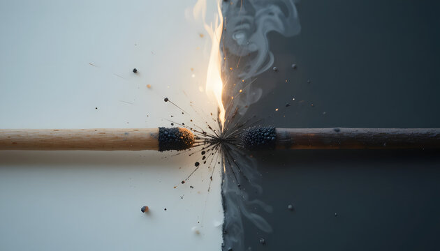 Fiery match heads collide, igniting vibrant sparks and smoke against contrasting backgrounds, symbolizing change and division