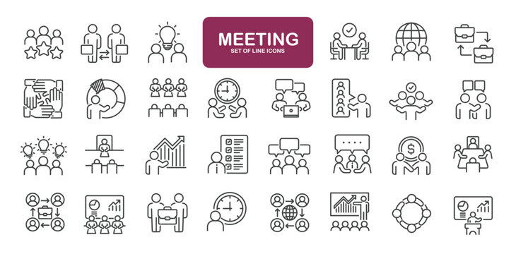 Set of line icons related to meeting, leadership, workplace, seminar. Outline icons collection