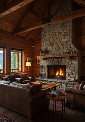A welcoming, cozy lodge interior features a comfortable seating arrangement near a grand stone fireplace, perfect for tranquil relaxation ,comfort ,cabin ,hygge