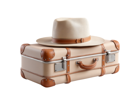 Brown Suitcase with Hat on Top on Transparent Background