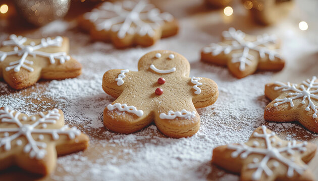Cute gingerbread man cookie in the center, with decorative snowflake biscuits around it, perfect cozy Christmas baking scene.