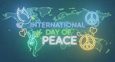 International day of peace neon sign world map dove peace symbol heart peace hand peace day celebration