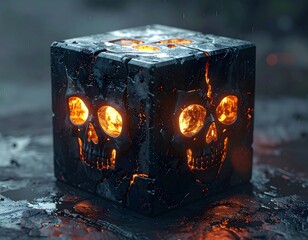 A stone cube with embedded skull faces glows from within, cracks revealing magma-like light against a blurred background