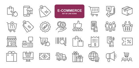 Set of line icons related to user e-commerce, online shop, market, store. Outline icons collection