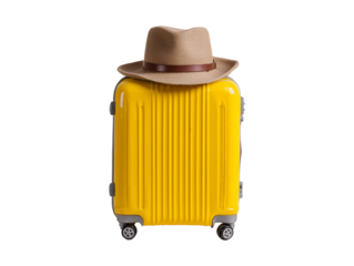Yellow Suitcase with Hat on Top on Transparent Background