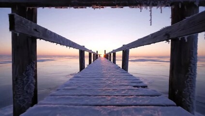 Snow-covered pier extending into a calm, frozen sea at sunset. - Powered by Adobe