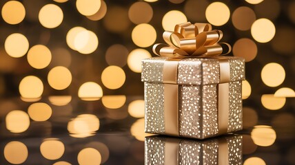 Elegant gold gift box with shimmering light bokeh background sparkles