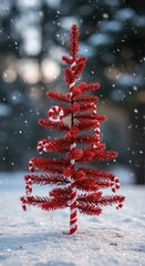 A whimsical evergreen tree featuring vibrant red and white striped patterns, reminiscent of a festive candy cane, set against a blurred winter backdrop ,pattern ,creative ,frost