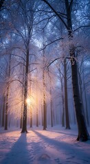 Enchanting Winter Forest Scene with Golden Sunlight and Snow-Covered Trees.