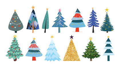 Obraz premium A set of decorative Christmas trees with stars and ornaments on a white background. Flat vector illustration with stylized fir trees. Winter holiday and New Year concept for design, greeting cards
