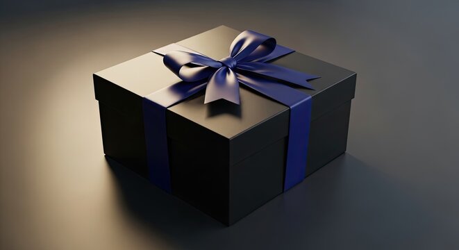 Elegant black gift box with stylish blue ribbon for sophisticated celebrations, perfect for luxury brands and premium promotions, conveying exclusivity and charm