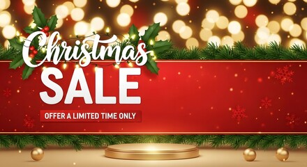 Christmas sale promotion banner with podium and festive lights