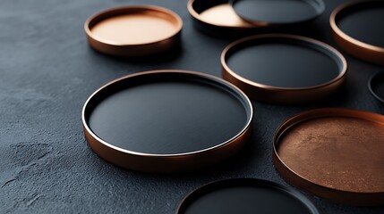 Modern flatlay of black and copper chargers on high-contrast pattern