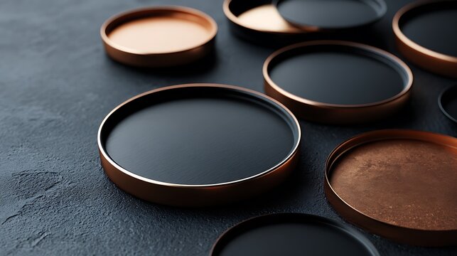 Modern flatlay of black and copper chargers on high-contrast pattern