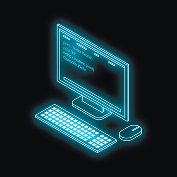 Isometric view of a glowing desktop computer displaying hello, world. program code in multiple programming languages