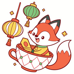Cute SVG of a Cheerful Foxe in Year of the Dragon (or relevant animal) colors, featuring in a teacup in a Lunar New Year / Chinese New Year setting