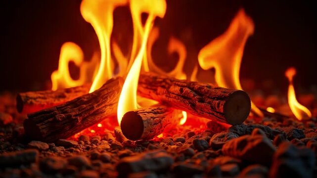 Crackling campfire video of burning logs offering warmth and inviting ambiance, perfect for relaxation, camping, or cozy nights in