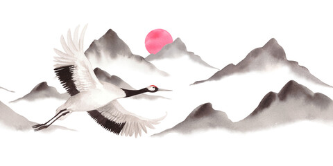 Obraz premium Seamless border of japanese red crown crane flying on mountains and sun on the background. Watercolor handmade illustration. For fabric, wallpaper, greeting cards, design, decoration and illustration.