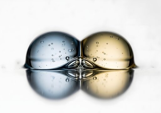 Two water drops merging together, creating a beautiful and symmetrical reflection on a white surface