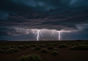 A wide, expansive view of a dramatic storm rolling across a vast landscape, with lightning illuminating the darkening sky ,thunderstorm ,open space ,natural phenomenon
