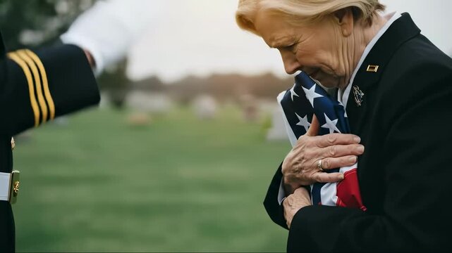 A soldier presents a folded American flag to a grieving widow at a military funeral. Solemn ceremony honoring a veteran's service and sacrifice