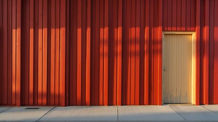 Exterior red wall with vertical lines and a light tan door