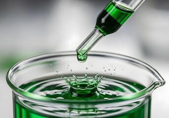 Green liquid being dropped into a beaker from a pipette, creating a splash, closeup shot, laboratory experiment
