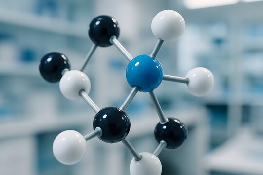 Close up of a molecular model in a laboratory setting, representing scientific research and development in chemistry