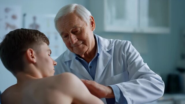 Experienced physician wearing a white lab coat meticulously palpating a young male patient's shoulder during a routine medical examination in a clinic setting