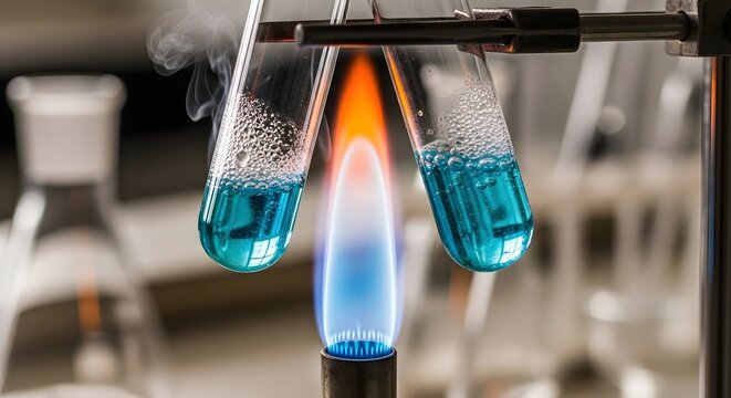 Closeup of test tubes with blue liquid being heated by a burner in a laboratory for scientific research