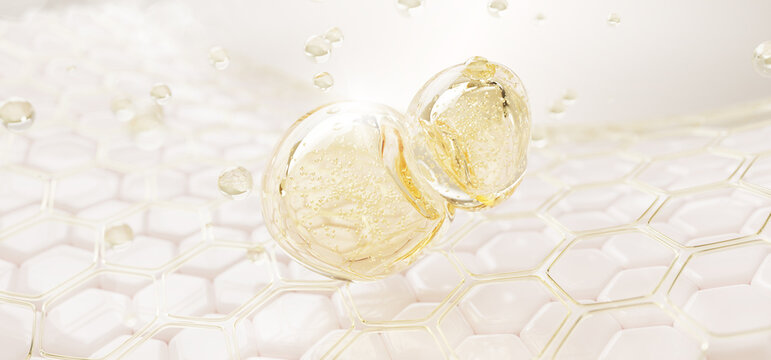 3d skin layer with liquid yellow honeycomb cell texture and oil drops. Epidermis hexagon pattern with gold gel serum bubbles, honey face mask, cosmetics collagen and hyaluronic acid. 3D illustration