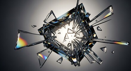 Shattered glass cube with light shining through the center.