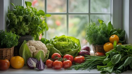 Fresh and healthy vegetables and herbs on a windowsill indoors