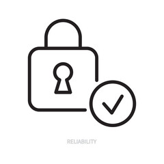 Reliability line icon. Black sign. Lock and check mark, correct symbol. Protection, security, privacy concept. Vector illustration. Editable stroke. Isolated on a white background.