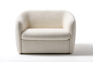 Plush cream boucl&eacute; armchair with rounded silhouette on white background