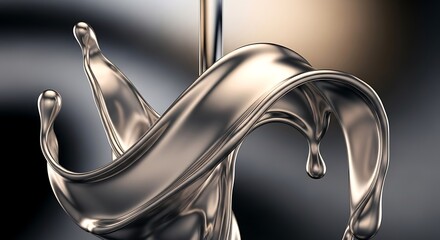 Silver liquid splash with droplets, abstract metallic design.