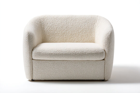 Plush cream boucl&eacute; armchair with rounded silhouette on white background