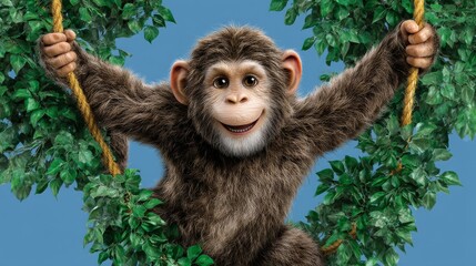Obraz premium Cartoon monkey swinging joyfully from tree vines against a blue background, showcasing vibrant colors and playful expression