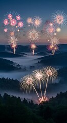 Spectacular Fireworks Display Illuminating a Misty Mountain Landscape at Dusk.