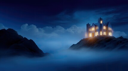 Obraz premium Mysterious Haunted Castle Surrounded by Fog at Night with Illuminated Windows Creating an Eerie Atmosphere in a Dark, Dreamlike Landscape