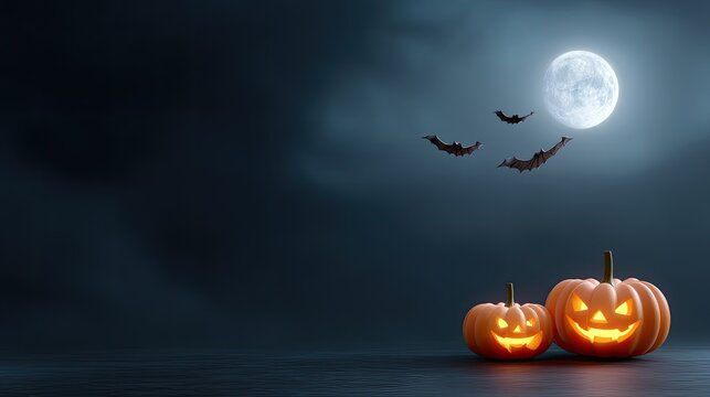 Spooky Halloween Night with Jack-o'-lanterns, Full Moon, and Flying Bats Over Dark Sky for Festive Seasonal Decorations and Events - Powered by Adobe