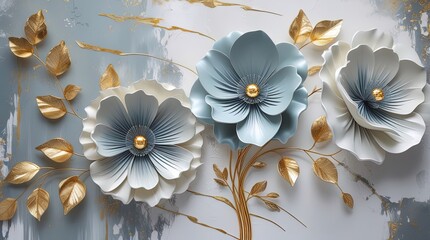 Elegant abstract floral art: three stylized blue and white 3D flowers with gold centers on golden branches, against a subtly textured white and grey background with gold accents. Wallart.
