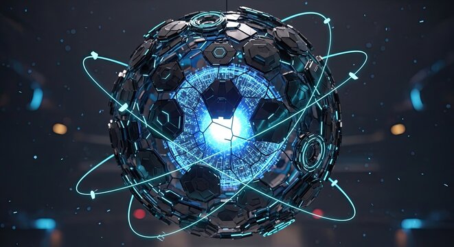 Futuristic digital sphere with glowing energy core and dynamic neon lines, perfect for tech, science, and innovation concepts.