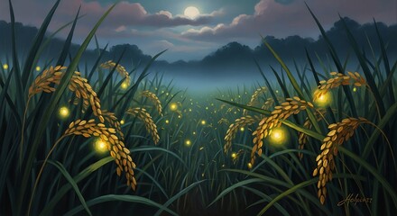Magical Night Field of Rice Grains Illuminated by Fireflies Under a Full Moon.