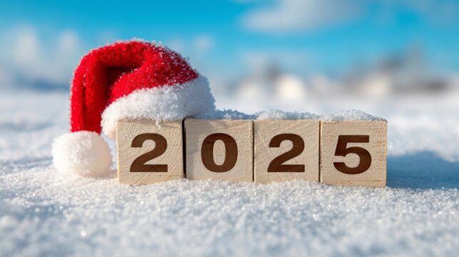 Merry Christmas, xmas, saint nicholas, new year, winter holiday celebration greeting card - Wooden cubes with year 2025 and santa hat in snow - Powered by Adobe