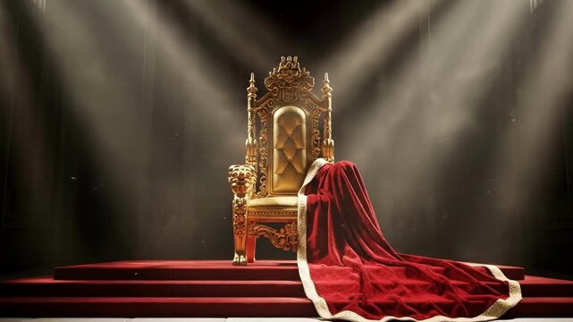 An empty golden throne in a dark hall. A majestic red royal robe is draped over the seat. Concept of monarchy, power, and a vacant kingdom