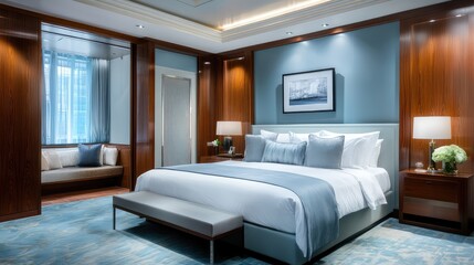 A contemporary and luxurious penthouse bedroom with a queen-size bed, soft blue walls, and sleek wooden elements, exuding elegance and coziness.