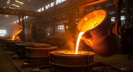 Molten metal pouring in industrial foundry factory with glowing orange light