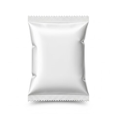 A clean and empty white foil snack bag or food packaging with sealed edges isolated on white background