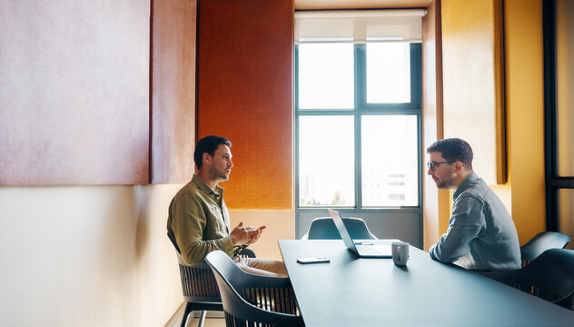 Two professional men discussing ideas during a meeting in a modern office